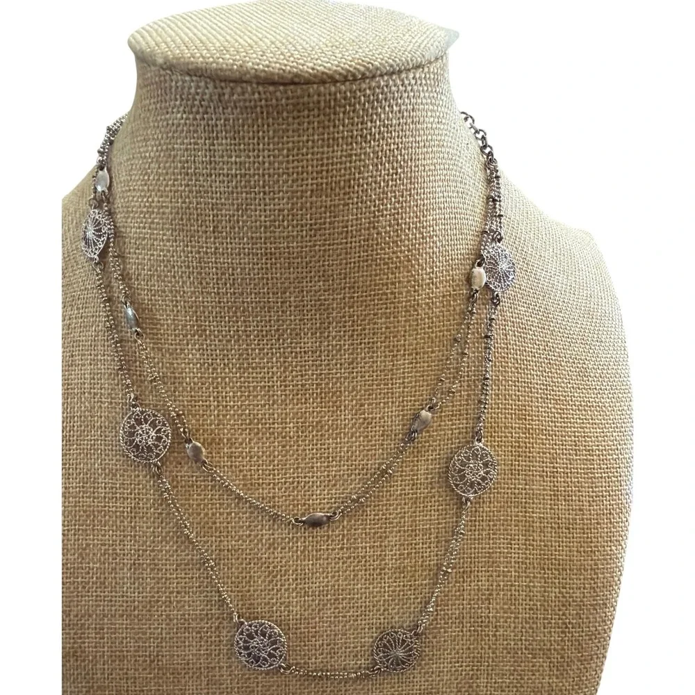 Silver Tone Double Strand Filigree Medallion Long Station Necklace Boho Layering